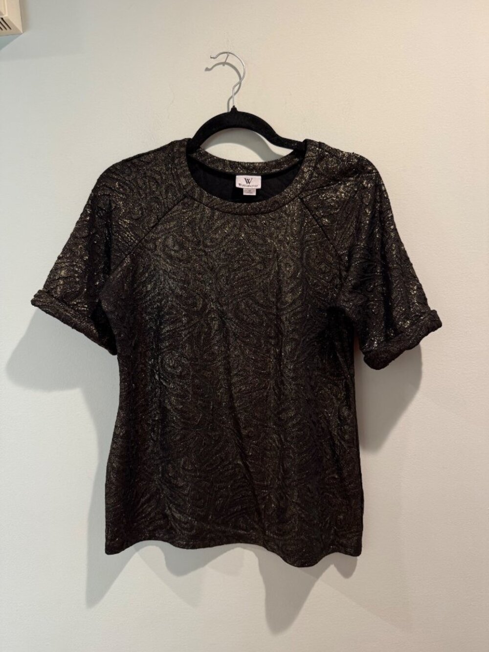 Worthington Metallic Black & Gold Baroque Pattern Short Sleeve Top Size Medium
